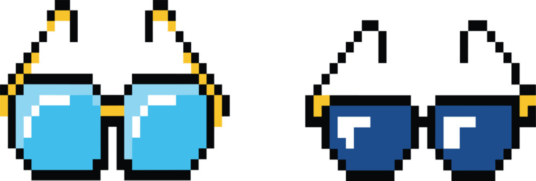 Retro pixel art blue sunglasses set, 8-bit style summer eyewear icon, trendy beach accessory and fashion