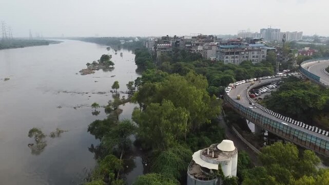 Aerial view of severe flooding in Delhi after monsoon rains in 2025