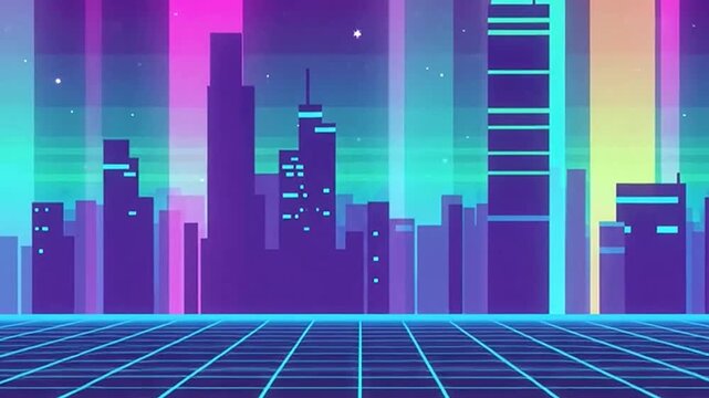 Retro futuristic 80s synthwave cityscape with neon lights.