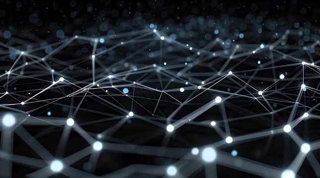 Complex network of interconnected nodes and lines in a futuristic digital landscape viewed from a 3D perspective animate