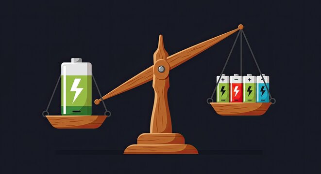Battery charging on balance scale illustration for power and energy concepts