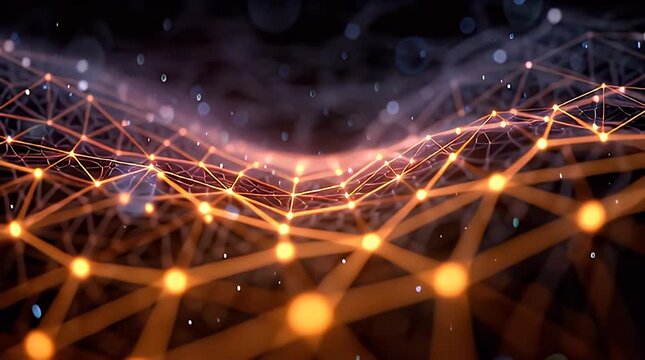 Complex network connections with glowing nodes and lines in a futuristic digital landscape viewed from above dynamically
