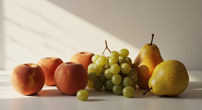 Fresh fruit assortment still life with peaches pears and green grapes on white background