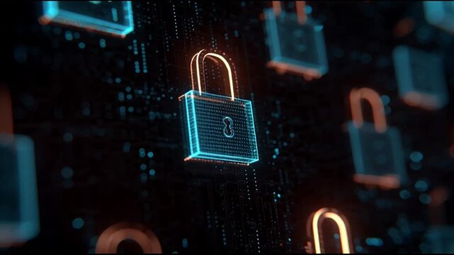 Glowing blue and orange padlocks on a dark background with code, celebrating data privacy day with a focus on cybersecurity and digital protection.