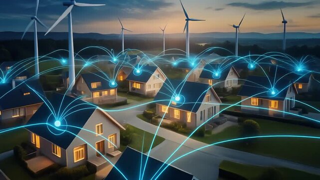 Smart energy network connecting residential homes sharing renewable power. Visible energy flow lines, solar panels, microgrid and sustainable community concept.
