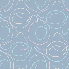 Abstract seamless pattern with pastel colored swirls and lines on a muted blue background
