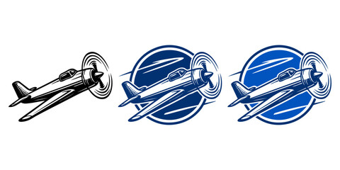 Logo agencia de viajes. Grupo de dibujos sencillos con líneas de un avión a hélice vintage con un círculo  © teracreonte