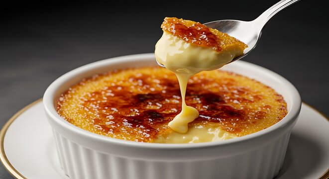 creme brulee dessert with caramelized sugar crust being scooped with spoon creme brulee