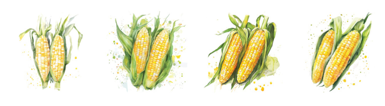 Mine Watercolor, hand-painted fresh corn in dark painting illustration, vector illustration, AI painting design, and EPS format design. vector illustration, isolated on a white background