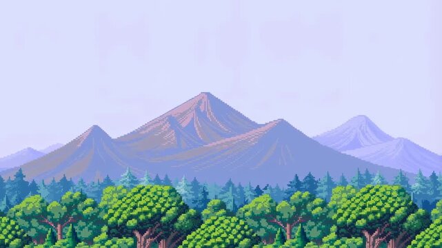 Serene pixel art landscape featuring majestic mountains and lush green trees. Ideal for video games, animations, and nature-themed projects