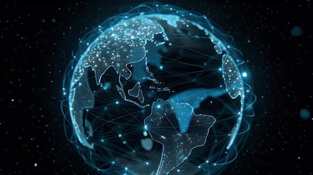 Global network connections visualized on a digital globe in outer space with neon blue lines and dots