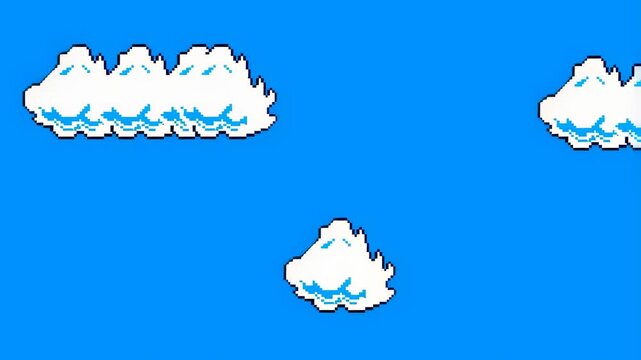 Animated pixel art clouds drifting across a bright blue sky. Ideal for retro-themed projects and digital backgrounds