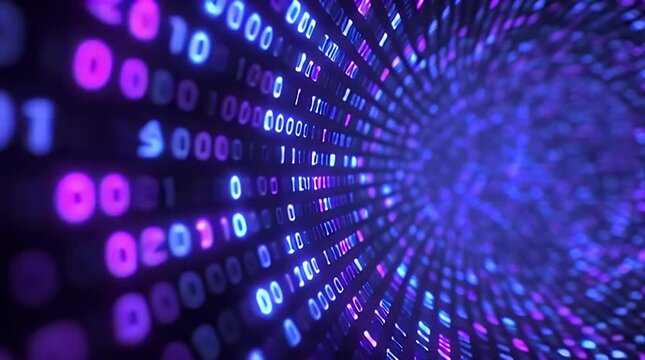 Digital data stream visualization with binary code, neon lights, and futuristic tunnel effect in a high-tech environment from a forward viewpoint.