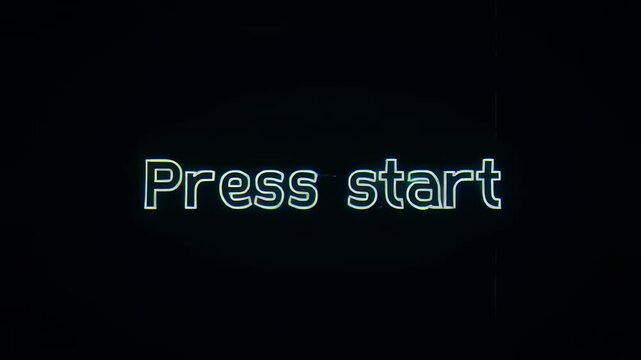 Animated text displaying "Press start" on a dark background. Invokes excitement and anticipation for gaming experiences and digital interactions