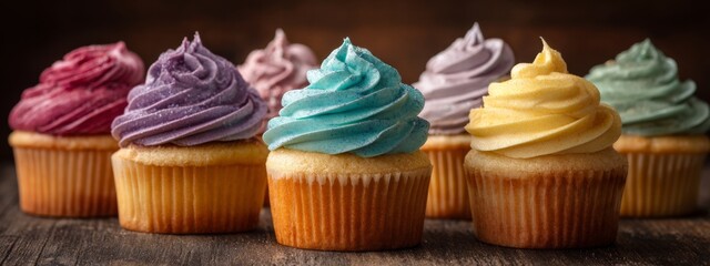 Colorful Cupcakes with Buttercream Frosting Displayed in Studio Lighting on Rustic Wooden Background