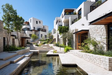 Fototapeta premium A vibrant modern residential area showcases an array of stunning buildings alongside beautiful water features, all under the bright, clear blue skies of daytime