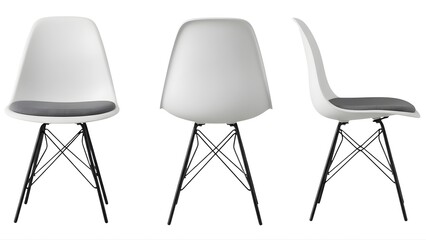 Three white chairs with black legs on transparent background