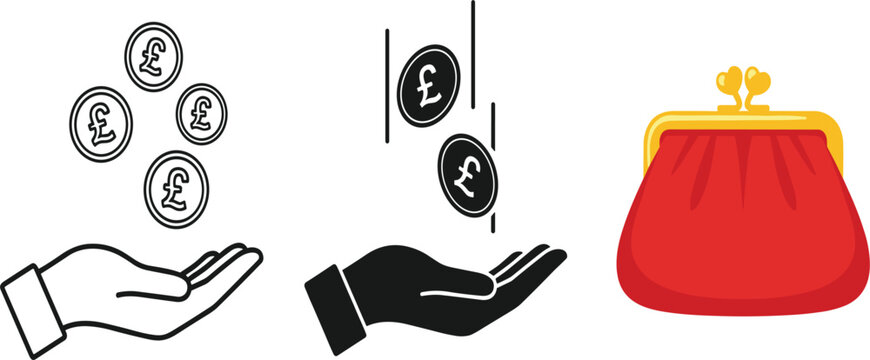 British pound sterling coins falling into open hands with a classic red wallet purse for savings concepts.