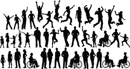 Fototapeta premium Black silhouettes of people in various poses on white background jumping