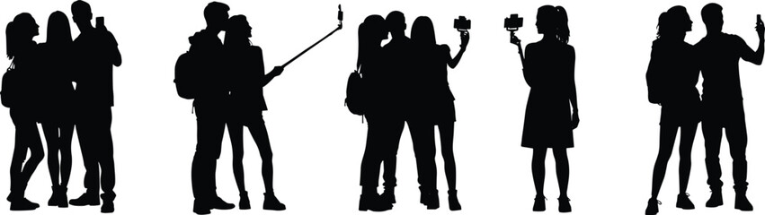 Black silhouettes of people taking selfies with smartphones social media