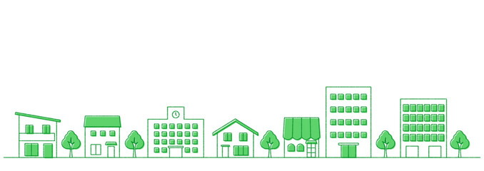 街並みのイラストのバナー背景　手描き風　横長　緑