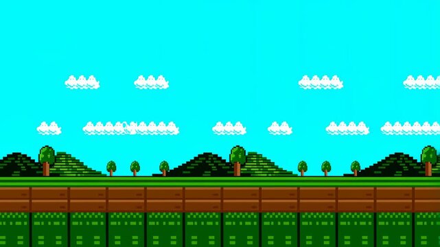 Animated retro landscape with pixelated trees and hills under a bright blue sky. Ideal for nostalgic gaming and digital art projects
