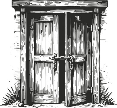 Old wooden door with metal latch and hinges in rustic vintage black and white illustration