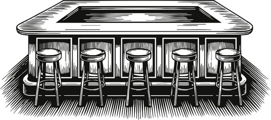 Obraz premium Vintage bar counter with five stools in black and white engraved