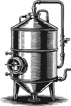 vintage brewing tank illustration with pipes and valves for beverage fermentation process
