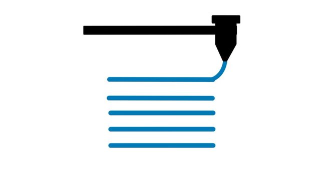 Isometric 3D printing icon animation showing machine creating object line by line with precise layered process.