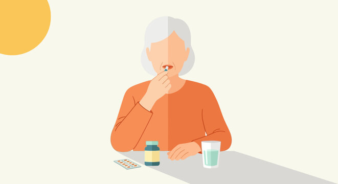 Elderly woman taking medication at a table with a glass of water and pills nearby