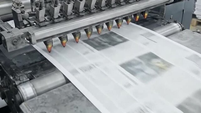 Industrial offset printing press machine running in a factory.
