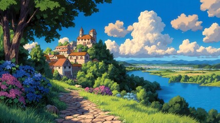 Naklejka premium Charming village landscape, vibrant green hills, serene river flowing, picturesque clouds in a bright blue sky, ideal for relaxation.