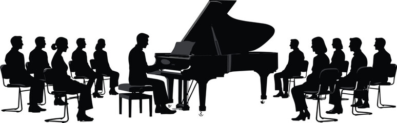 Black silhouette of people sitting in chairs around a grand piano silhouettes music © Ambia Art