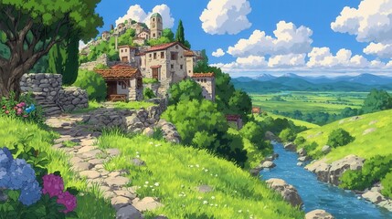 Fototapeta premium Charming countryside scene, vibrant lush greenery, rustic cottage by a winding stream, perfect for storytelling or serene imagery.