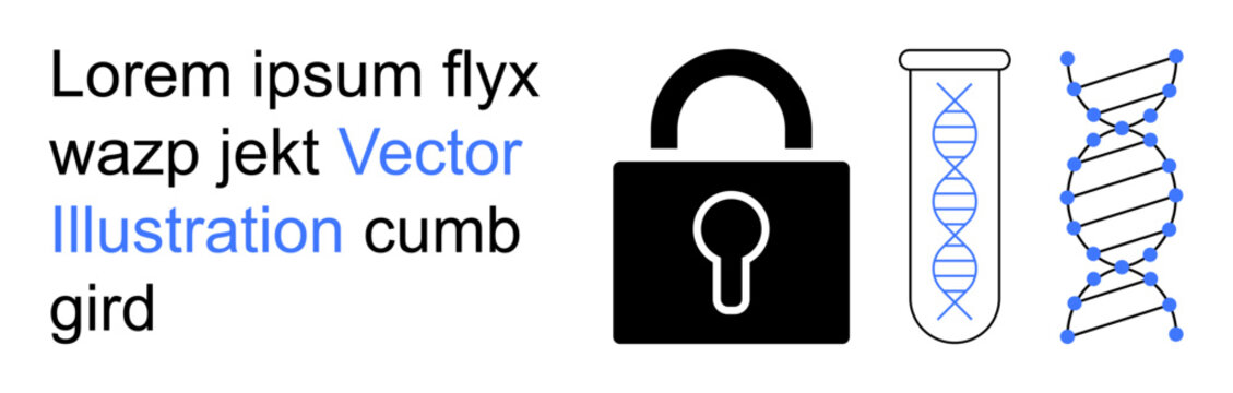 Security, data protection, biotechnology, genetic research, science innovation, encryption. Lock icon, DNA helix and test tube. Security and data protection in biotechnology concept
