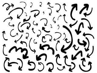 hand drawn curved arrow set, black sketch arrows collection isolated on light background