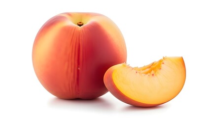 Fresh Ripe Nectarine Fruit with a Juicy Slice Isolated on White Background, High Quality Macro Photography of Sweet Organic Summer Fruit for Healthy Eating, Nutrition, and Culinary Design Projects.