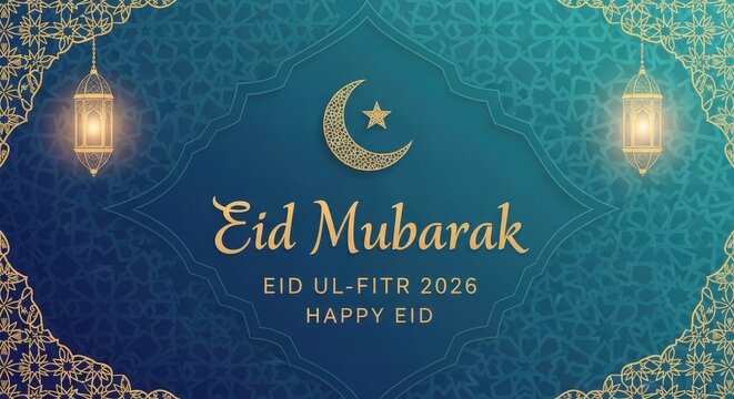 Elegant eid ul-fitr 2026 greeting card with crescent moon, star, and illuminated lanterns on a blue background