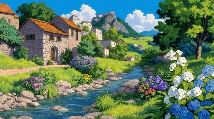 Naklejka premium Charming countryside scene, tranquil village with cottages, blooming flowers and lush greenery, perfect for serene backgrounds.