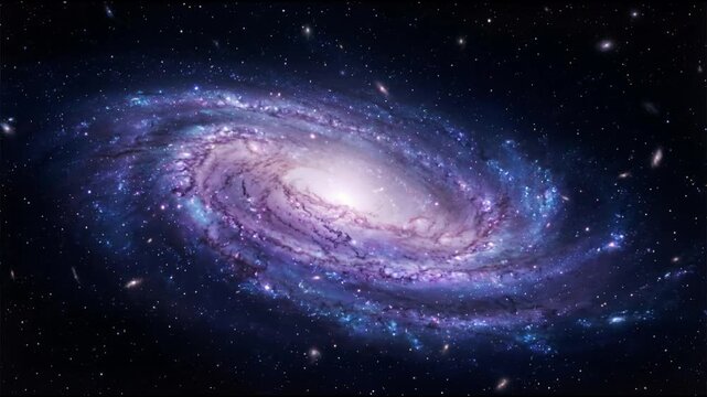 Spiral galaxy rotates gently with violet indigo and pale blue dust lanes around a glowing core creating calm cinematic depth and seamless infinite looping motion