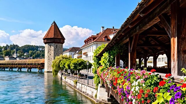 River bridge with tower and flowers