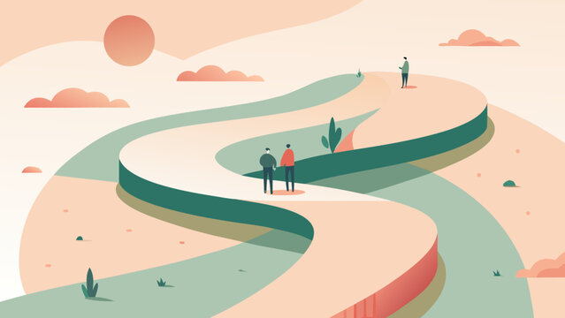 Abstract winding road in desert landscape with small people walking toward horizon symbolizing journey and life path concept