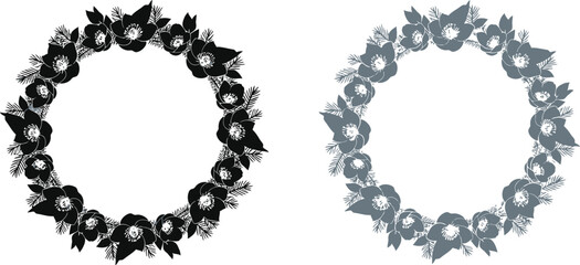 Fototapeta premium Two ornate oval frames in black and gray on a white background for decorative design elements