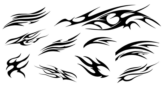 Vector 2D Design Gothic Sticker or T-Shirt Print Grunge Tribals and Fire Flames Set Package