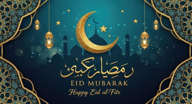Eid mubarak happy eid al-fitr greeting card design with golden crescent moon mosque lanterns stars on dark background