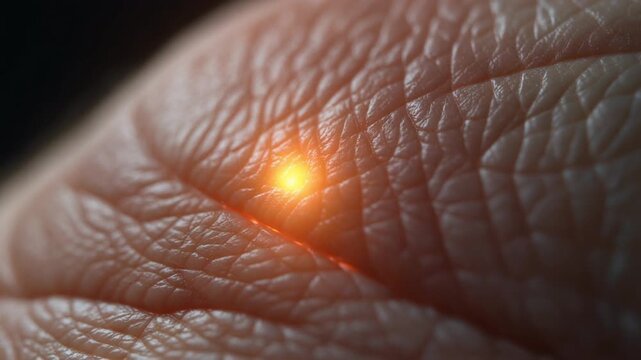 Close-up of human skin with embedded biometric sensor glowing subtly beneath surface. Futuristic subcutaneous implant, biohacking and cybernetic security concept.