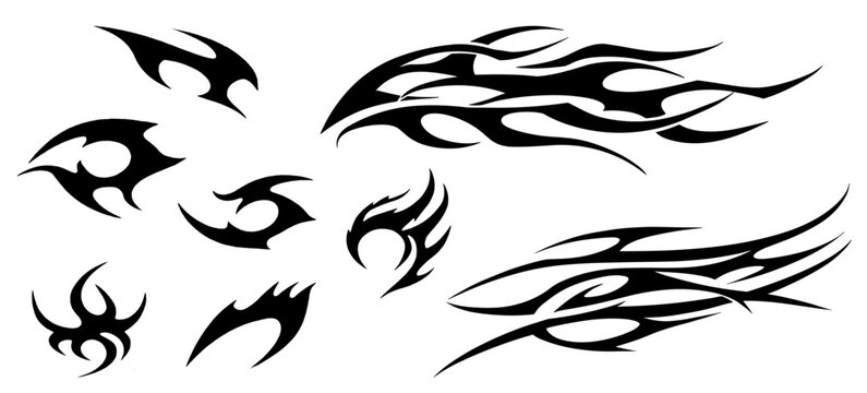 Vector 2D Design Gothic Stickers Wrap Print Grunge Tribals and Fire Flames Set Package