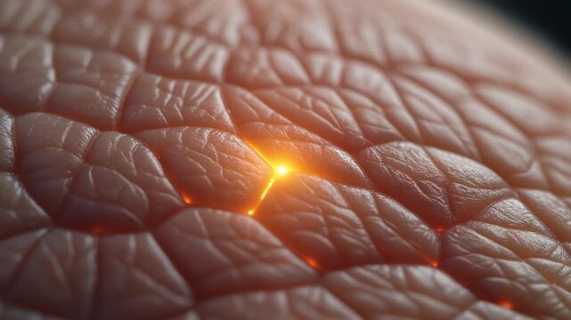 Close-up of human skin with embedded biometric sensor glowing subtly beneath surface. Futuristic subcutaneous implant, biohacking and cybernetic security concept.