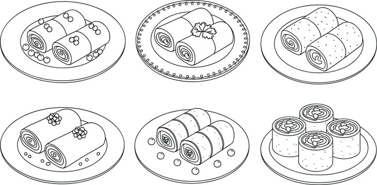 Set of crepe and rolled pancake line art vector illustrations featuring delicious dessert rolls with berries cream and garnish on plates.